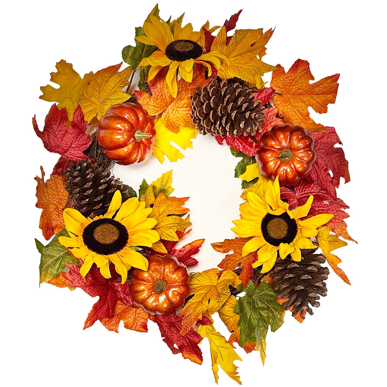 Haute Decor 24 Inch Fall Sunflower Artificial Wreath with Grapevine Base, Real Pinecones, Faux Berries and Pumpkins, Autumn, Fall, Halloween Door or Wall Decoration